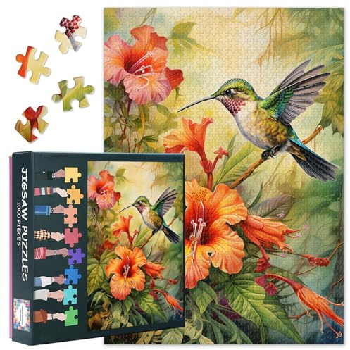 Kolibri 1000-teiliges Puzzles für Erwachsene, Puzzle 1000 Teile | Tier reihe, schwierig und herausfordernd blühende blumen, 70 x 50 cm familien puzzle spielabend and wohnaccessoire
