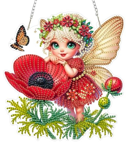AIRDEA Feen Mohnblume Diamond Painting Fensterbilder, 5D Brillante Schmetterlingsblumen Diamond Painting Fensterbilder Beidseitig, Bausätze für Diamantmalerei Suncatcher Erwachsene