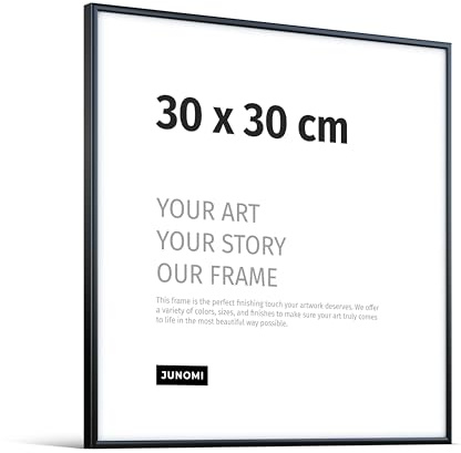 JUNOMI® Bilderrahmen 30x30 cm, Aluminium Schwarz matt, Posterrahmen | Quadratischer schmaler Rahmen aus Aluminium mit bruchsicherem Acrylglas, für Fotos, Poster und Kunstdrucke