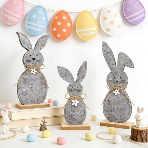 3 Stück Filz Ostern Hase Deko, dellyy Tischdeko Osterhasen Figuren, Holz Osterfiguren, Osterdeko Hasen, Osterhasen Aufsteller, Filz Hase Osterdekoration, Frühlings Hasen Deko, Dekoration Osterfiguren