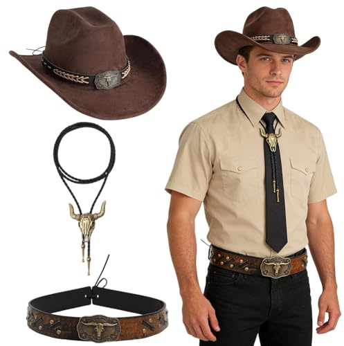 GVMJHYK Cowboyhut Set mit Stierkopf Halskette & Hutband, Western Hut Verstellbar für Damen Herren, Karneval Fasching Halloween Kostüm Western Party