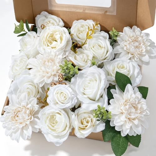 Fairblo Kunstblumen zum Basteln mit Stielen Rosen Dahlien Blütenköpfe Weiß | Künstliche Blüten Groß 7-16cm Weiß Seidenblumen wie echt Blumenköpfe für Blumengesteck Hochzeit Handwerk Party Deko