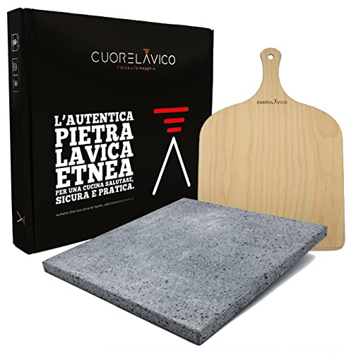 CUORE LAVICO - SET PIETRA REFRATTARIA IN PIETRA LAVICA ETNEA PER PIZZA 39X35X1,5 CM + PALA PER FORNO A GAS, ELETTRICO E BARBECUE PER PANE E PINSA - Nuovo prodotto