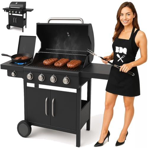 Bakaji Barbecue Professionale A Gas 4 Bruciatori Con Sistema Cottura Pietra Lavica Fornello Laterale in Acciaio Smaltato Coperchio Con Termometro, 2 Sportelli e 2 Ruote Per Esterni Giardino Terrazza