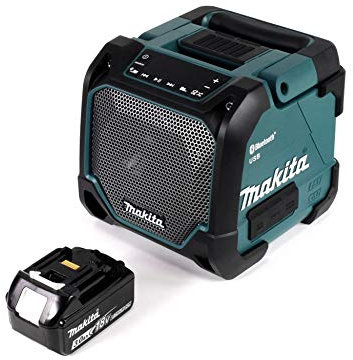 Makita DMR 202 F1 Baustellen Lautsprecher 18V - für Akku- und Netzbetrieb, mit Bluetooth-Funktion, AUX-Anschluss, USB-Port, LCD Display + 1x 3,0 Ah Akku - ohne Ladegerät