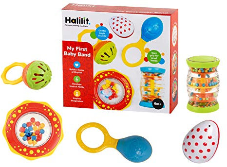 Halilit My First Baby Band Gift Set. Musical Instrument for Babies. Baby & Toddler Sensory Music Toys includes Egg Shaker, Cage Bell, Baby Maraca, Tube Shaker & Fun Rattle. For Boys & Girls 6 Months +
