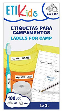 ETIKIDS PACK BASIC: 60 Etiquetas blancas de tela termoadhesiva + 40 adhesivas blancas para personalizar ropa y todo tipo de objetos