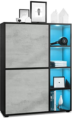 Vladon Highboard Schrank Anrichte Cuba mit 8 Fächern, Made in Germany, Korpus in Schwarz matt/Fronten in Beton Oxid Optik, mit RGB LED Beleuchtung