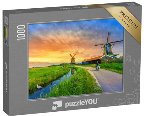 puzzleYOU: Puzzle 1000 Teile „Windmühlen und Fluss bei Sonnenuntergang, Holland, Niederlande“ – aus der Puzzle-Kollektion Holland