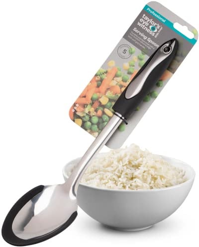 Large Stainless Steel Serving Spoon - Non-scratch Food Safe Nylon Edging With High Heat Resistance. Black Soft Grip Rubberised Handle, Large Metal Hanging Hole Hook. Dishwasher Safe. 5 Year Guarantee.