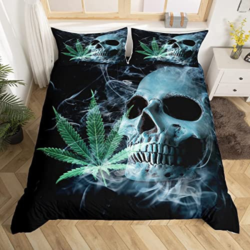 Loussiesd Marihuana Weed Blatt Jungen Bettwäsche Set Teens Totenkopf Dekor Bettbezug für Kinder Mädchen Green Cannabis Bettwäsche 135x200 cm Gothic Bones Bettwäsche Schlafzimmer Kollektion 2tlg