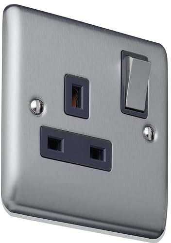 Caradok 13A 1gang switched socket, double pole Brushed Chrome, Metal Switch, Grey Insert