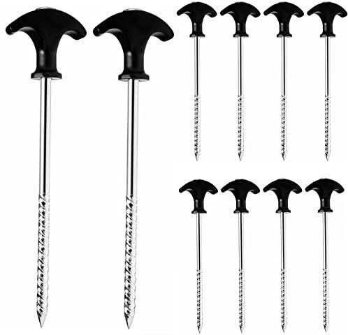 ADEPTNA Heavy Duty 10 Pack Spiral Thread Steel Tent Pegs Screw Hooks 20cm Ground Stakes Storm-Proof and Rust Proof – Ideal for Normal and Hard Ground