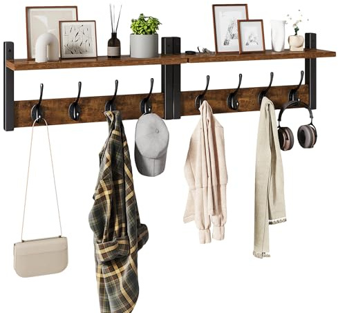 YMYNY Coat Rack Shelf Wall Mounted, Coat Hooks Set of 2, Entryway Coat Hanger with 8 Hooks, 31.5 Wall Floating Shelf with Hat Rack, for Kitchen, Bedroom, Bathroom, Rustic Brown UHWS001H-2