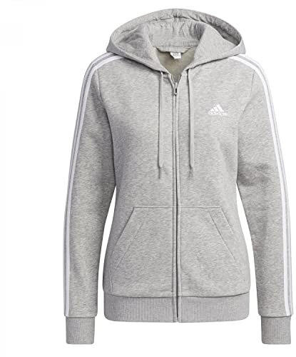 adidas Femme Essentials Fleece 3-Stripes Full-Zip Hoodie, Medium Grey Heather / White, S