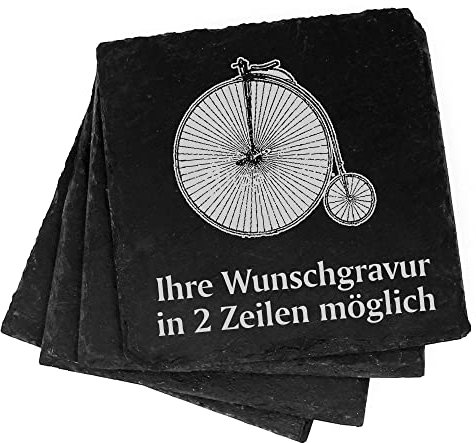 4X altes Hochrad Deko Schiefer Untersetzer Wunschgravur Set - 11 x 11 cm Flaschenuntersetzer Glasuntersetzer Tassenuntersetzer