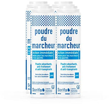 SORIFA - Lot de 4 - Poudre du Marcheur - Anti-transpirante - Absorbante - Pieds – Réduit la transpiration - Elimine odeurs et mycoses - Sans sels d’aluminium - Fabriqué en France - Poudreuse 100 gr