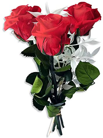 Handgebundener Rosenstrauß mit 3 Rosen und Ruscus - Echte ewige Rosen 3 Jahre haltbar – Rosen mit Stielen Höhe 26 cm - Made in Germany (Rot)