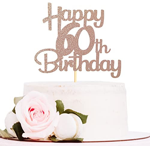Sotpot Rose Gold Glitter 60 Cake Topper, 60th Birthday Cake Decorations for Birthday Party Anniversary Party Supplies