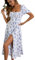 GORGLITTER Women's Floral Midi Dress Ruched Bust Split A Line Dress Boho Square Neck Short Sleeve Summer Swing Dresses Blue and White M
