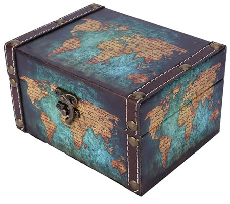Large Wooden Storage Box 30Cm X 20Cm, Aufbewahrungsbox aus Holz Im Europäischen Stil, Vintage-Schmuck-Organizer, Display-Box, Desktop-Ornamente, Kleine Holzkiste, Schatzkiste, Weltkarte, Aufbewah