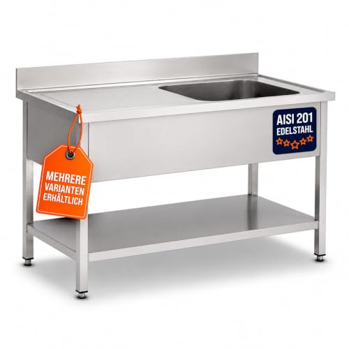 GastroHero Spültisch, Becken rechts, 120x60cm, Edelstahl SPT-BASIC12X6R | Abtropffläche rechts, mit Grundboden, 100 mm Aufkantung, 1 Becken, nach Hygiene- und Sicherheitsrichtlinien produziert