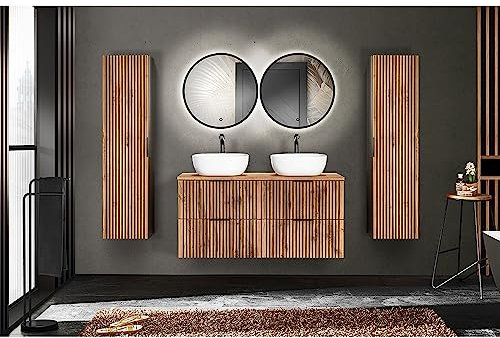 Lomadox Badmöbel Komplett Set mit Doppelwaschtisch 120 cm Keramik Aufsatzwaschbecken Spiegel Beleuchtung 2X Hochschrank anthrazit Eiche Nb. Rillen schwarz