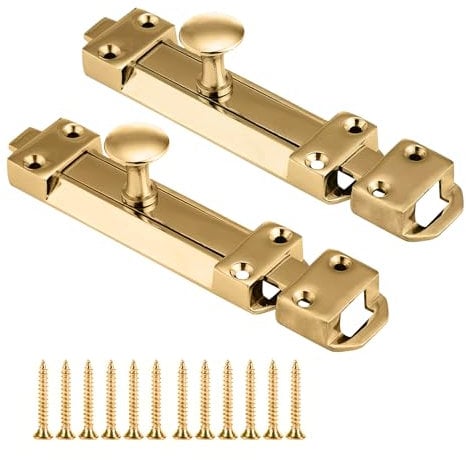 Pack of 2 Brass Sliding Door Lock | Door Bolts for Internal Doors 100mm | Perfect Slide Bolt Lock for Bathroom | Flat Slide Safety Door Bolt with Screws | Sliding Door Latch (Brass, 100mm)
