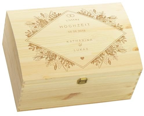 LAUBLUST Holztruhe zur Hochzeit mit Verschluss - Personalisierte Geschenkkiste mit Gravur | ca. 35x25x19 cm - Hochzeitstruhe personalisiert mit Namen & Datum - FSC® (Florale Raute, Natur ohne Schlitz)