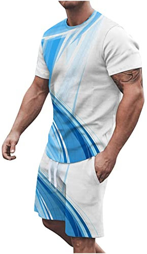 XINYUNZU Trainingsanzug Herren Jogginganzug Kurzarm Sportanzug Freizeitanzug 2 Teiler Casual Outfit Sommer Kurze Hosen + T Shirt Tracksuit Sport Set Hausanzug Männer Warehouse Blau M