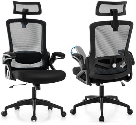 COSTWAY Chaise de Bureau Ergonomique, Chaise Pivotante avec Soutien Lombaire Ajustable & Dossier Basculant en Maille, Chaise d’Ordinateur avec Appuie-tête Ajustable et Accoudoirs Rabattables (Noir)