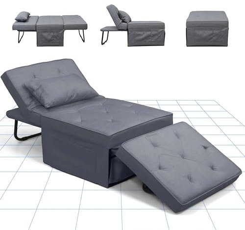 FLEXISPOT Sofa Bed, 4-in-1 Folding Convertible Single Sofa Chair, Folding Ottoman with 6 Position Adjustable Backrest and Pillow for Living Room and Bedroom(Gray)