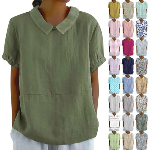 Sommerblusen Damen Leicht Und Luftig Einfrabige Longbluse Oberteile Damen Sommer Freizeithemd Sommer Must Have Blusentop Leinen Bluse Italienische Blusen Blusehemd Oberteile Sommer Tops(1-Green,M)