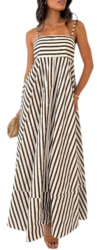YILEEGOO Women's Summer Striped Maxi Dress 2024 Sexy Spaghetti Strap Flowy Swing Long Dress Boho A Line Beach Sundresses (Swing Striped Brown, L)