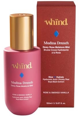 whind Medina Drench Dewy Rose Moisture Body Mist – Lightweight Hydrating Spray with Hyaluronic Acid, Glycerin & Aloe Vera for up to 72 Hours of Moisture with a Rose Scent – 150ml