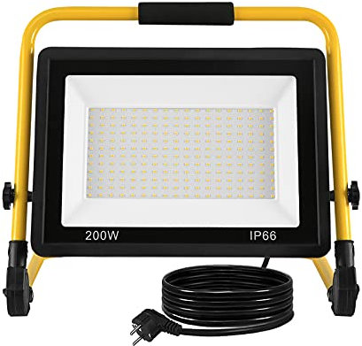 FIVMEN Baustrahler 200W 16000LM LED Strahler Arbeitsleuchte mit Standgestell und 3m Kabel Stecker Baulampe Flutlicht IP66 Wasserdicht für Werkstatt Baustelle Garage, Warmweiß