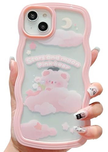 ECZOIL Compatible for iPhone 14 Plus/15 Plus Case, Cute Cartoon Pink Bear Kawaii Design, Soft TPU Wave Transparent Phone Case for Women Girl-Pink