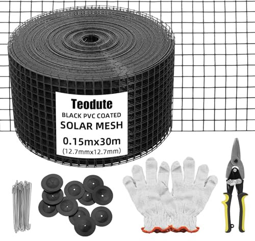 Teodute 15CM*30M Solar Proofing Bird Mesh, Bird Guard for Solar Panels Equipped with 1 Pair of Gloves, 70 Round Pieces, 70 Inverted Hooks and 1 Straight Scissors to Stop Pigeons Nesting Under Roof
