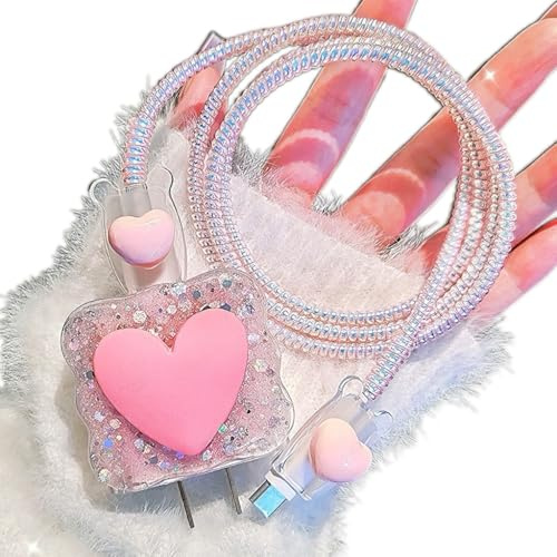 Cute Charging Cord Protector for iPhone Charger,Sparkle Bling Pink Waves Edge with 3D Love Heart Design,5in1 DIY Soft Cable Protector Data Cable Saver for Women Girls for iPad 18W/20W Charger Cover