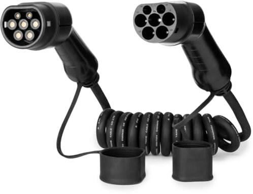 EVloaded Câble de Recharge Type 2 pour Voitures électriques, 16A, 3 Phases, 3m spiralé – Solution de Recharge VE Durable et Flexible