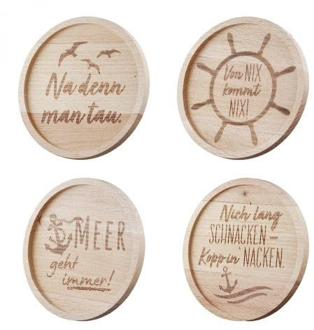 4er Set Untersetzer, rund, Spruch, Holz, braun,H. 1 cm, D. 10 cm, maritim
