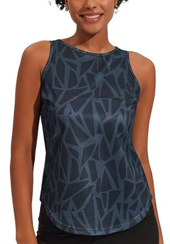 Weardear Damen Sport Tank Top Ärmelloses Fitness Crop Top Yoga Gym Workout Atmungsaktive Muscle Tanktop Geo-Druck Dunkelblau L