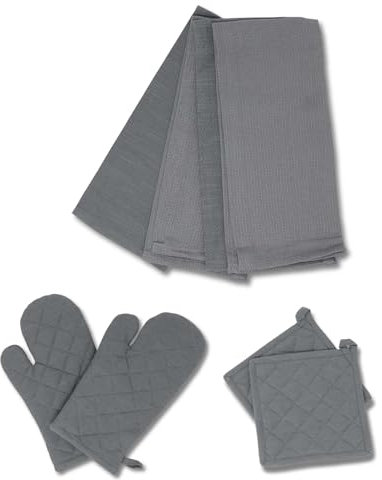 gws 8-teiliges Küchen-Set, Anthrazit – 1 Paar Ofenhandschuhe, 1 Paar Topflappen und 4 Geschirrtücher, 100% Baumwolle, hitzebeständig und waschbar