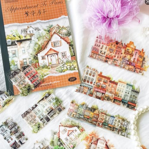 Scrapbook Zubehör Stickers, Sticker PET Scrapbook Sticker Set, Landschaft Building Aufkleber Deko für Bullet Journal,Fotoalbum,Kalender,Journaling,Painting(Boom House)