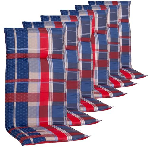 NYVI Hochlehner Auflagen Rio 120x48 cm 6er Set - Rot Blau Beige Kariert - Gartenstuhl Sitzauflage mit 5 cm Sitzpolster & Wendedesign - Bequem, Robust, Pflegeleicht