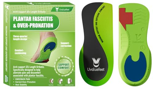3/4 Length Orthotic Insoles for Plantar Fasciitis, Achilles Tendonitis-M | Medium High Arch Support Insoles with Dual-Cushioning Pads for Heel Pain Relief, 3/4 Length for Men Women