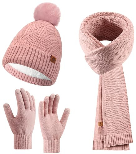 Enwokran Guanti Sciarpa Cappello Set Berretto Pom Beanie Lavorato a Maglia da Donna Guanto Touch Screen Sciarpa Lunga 3 in 1 Inverno Freddo Set Regalo per Donne Ragazze