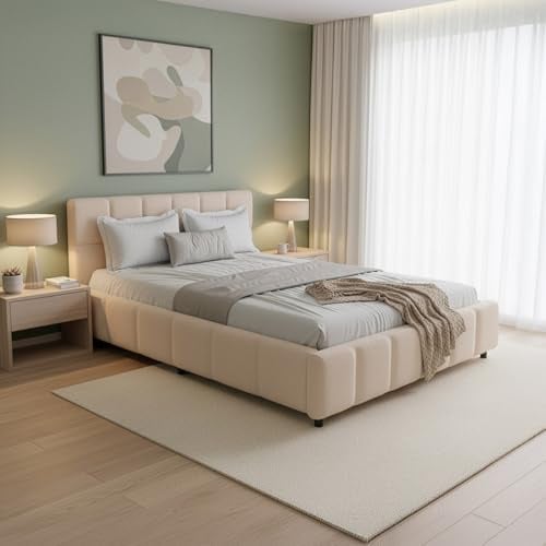 Juskys Polsterbett Florenz 140 x 200 cm – Bouclé, modernes Bett mit Kopf- & Fußteil, stabilem Holz- & Metallrahmen, Lattenrost, 500 kg Tragkraft – Beige