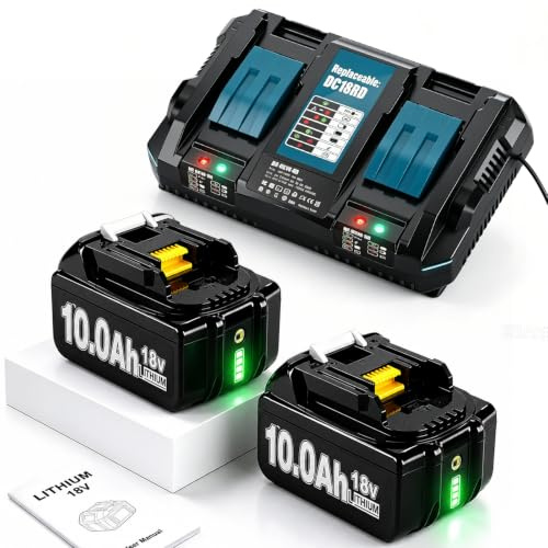 2X 18V 10Ah Ersatzakku für makita akku + Dual Port 6A Ladegerät | kompatibel mit DC18RD Kompatibel für makita BL1860B BL1860B BL1850B BL1840B BL1830 with LED Werkzeugakku.