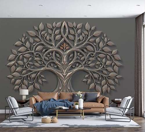 Papier Peint Panoramique Relief Arbre De Vie Vintage Gris Anthracite 3D Mural Design, Tapisserie Photo Géante Pour Salon Décoration Murale Xxl Soie, Mural Fresque Esthétique Médiévale 350X256Cm